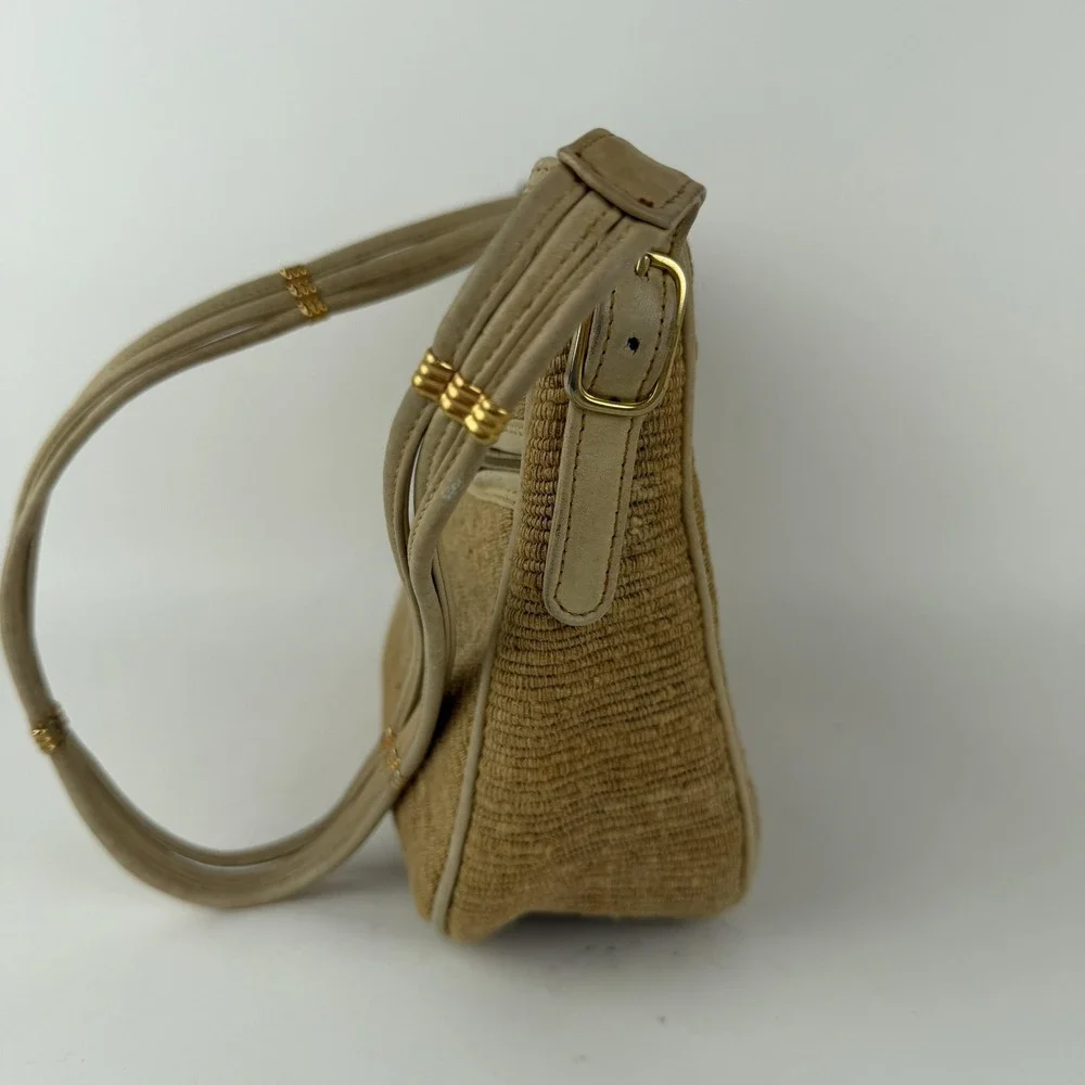 Vintage Morris Moskowitz Shoulder Crossbody Bag Womens Tan Woven‎ Fabric 80s